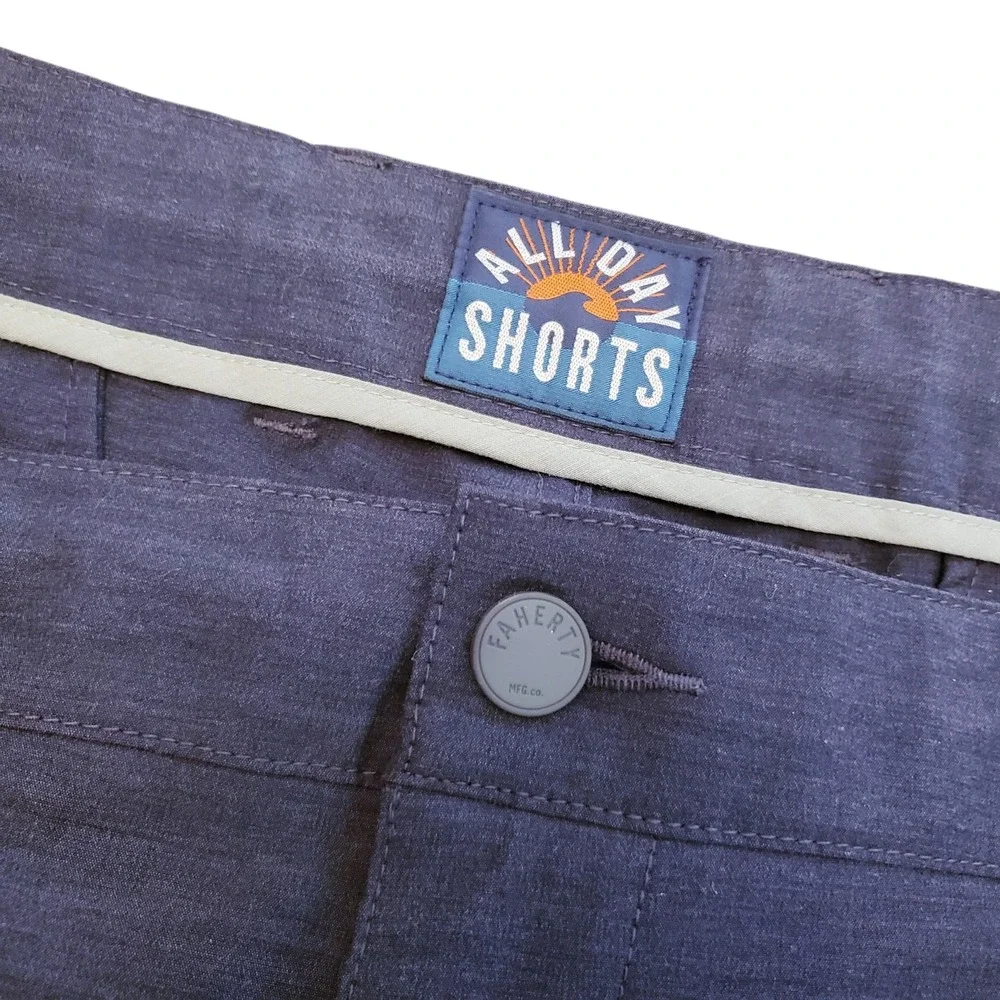Faherty All Day Mens Navy Blue Hybrid Quick Dry Stretch Flat Front Shorts Sz 36